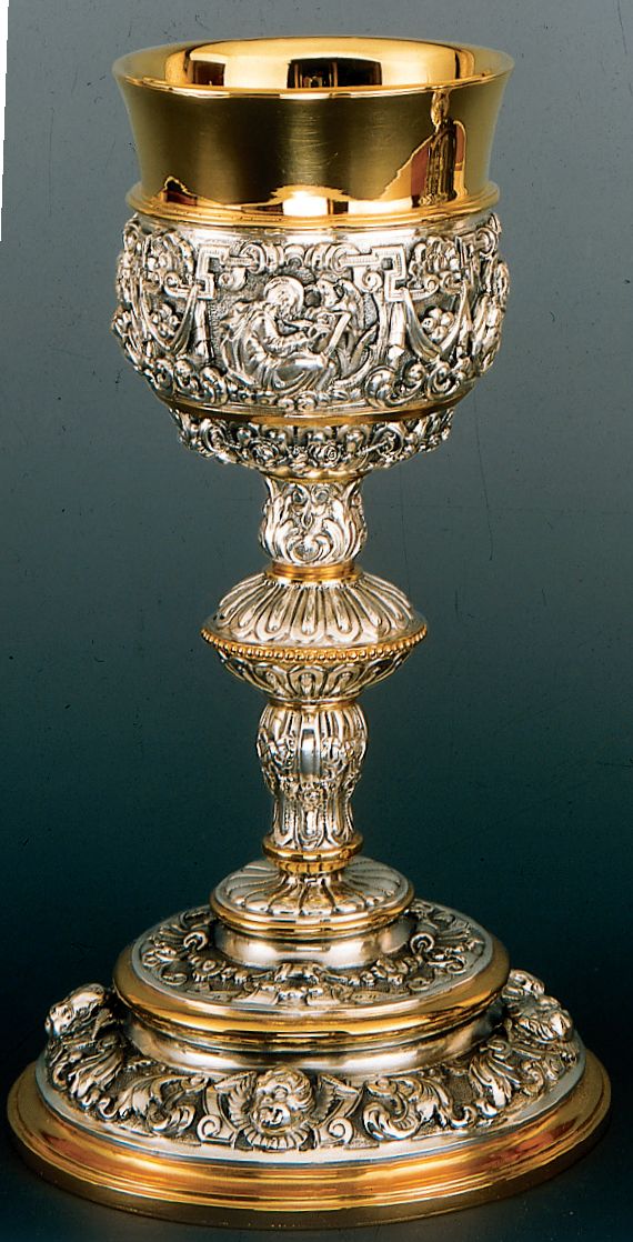Calice baroque bicolore et patène à anneau de 15,9 cm