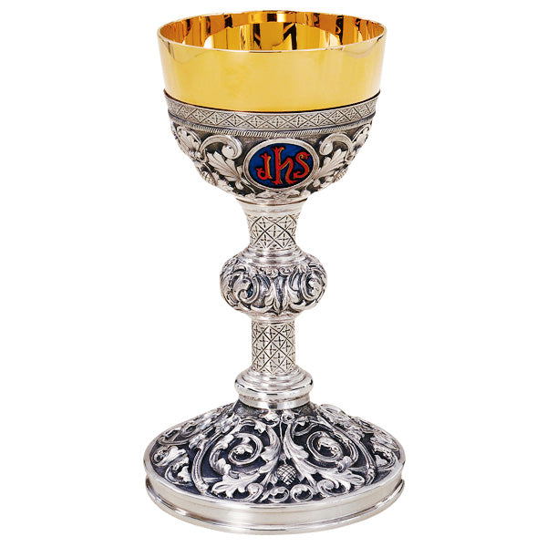 Calice IHS et patène de 6-1/4" de diamètre avec anneau