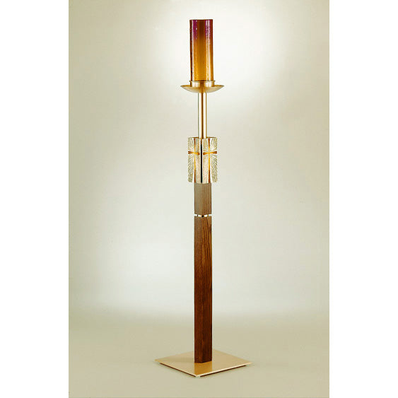 Lampadaire de sanctuaire en bronze avec colonne en chêne : Style 2155 - 122 cm H