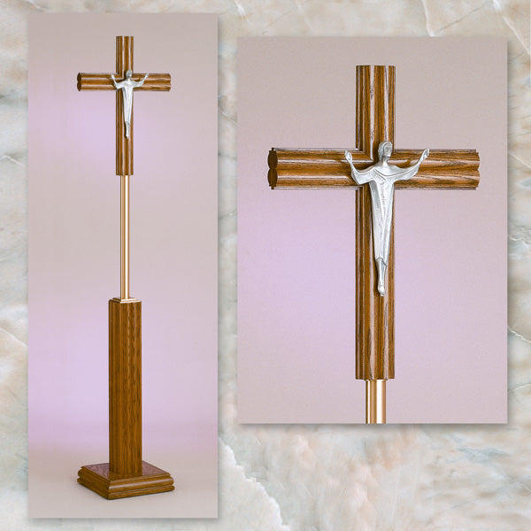 "Risen Christ" Wood/Bronze Floor Processional Cross/Crucifix: 2828 Style - 85" Ht