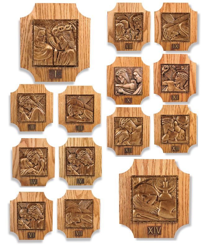 Oak Background Stations/Way of the Cross w/Bronze Numerals: 5912 Style - 14 PC - 9" x 8" Ht