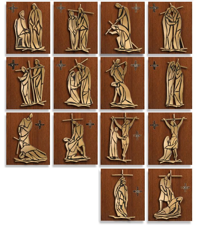 Combination Satin & Statuary Bronze Stations/Way of the Cross On Cross: 6610 Style - 8", 12", 21" Ht