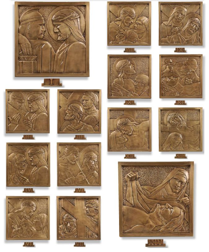 Bas Relief Statuary Bronze Stations of the Cross - 14 PC - 16" Square