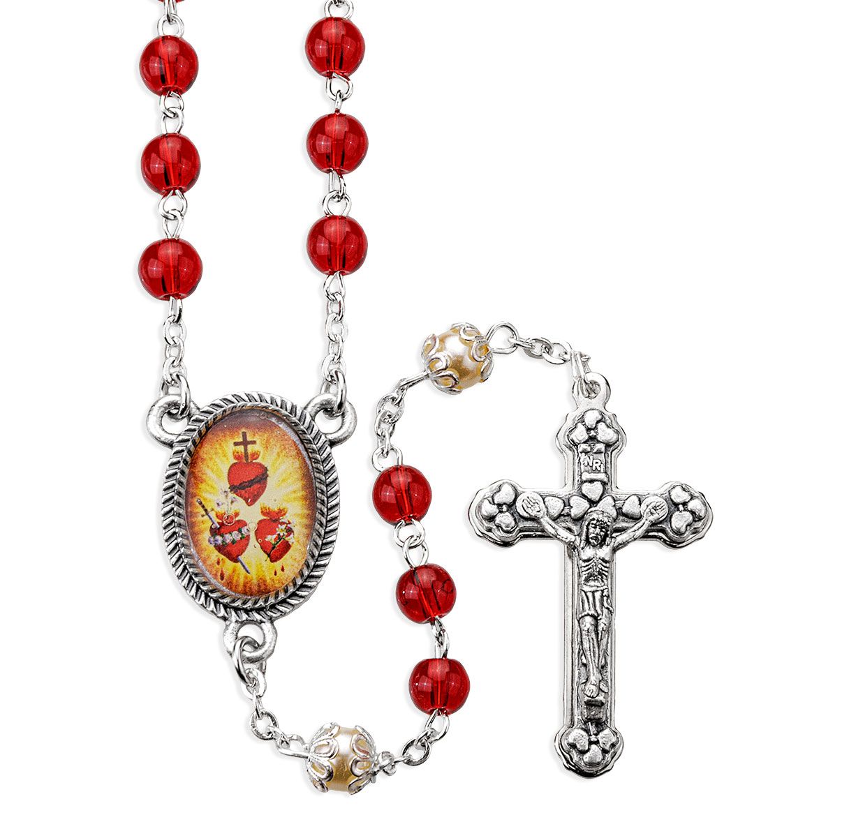 JMJ Three Hearts Rosary in 6mm Glass Ruby and Pearl Beads