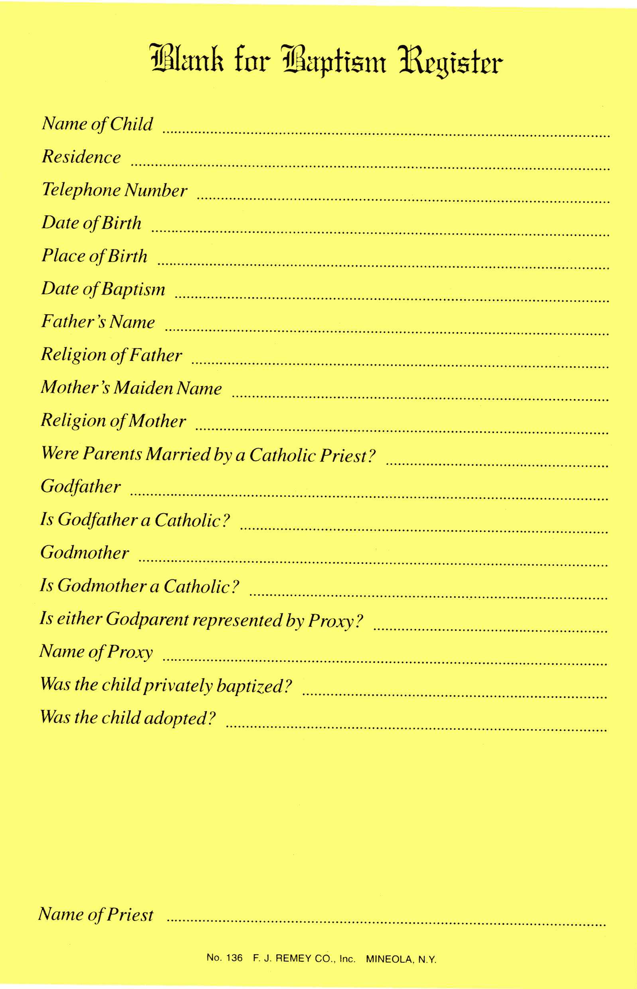 Baptismal Register Blanks (50/pad)