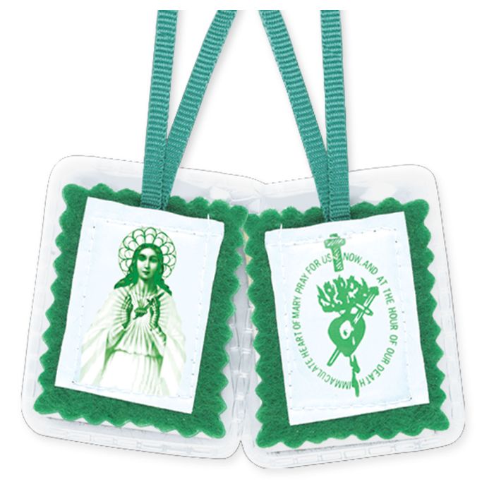 Immaculate Heart of Mary Green Scapular (1-3/4" x 2-1/4", Carded)