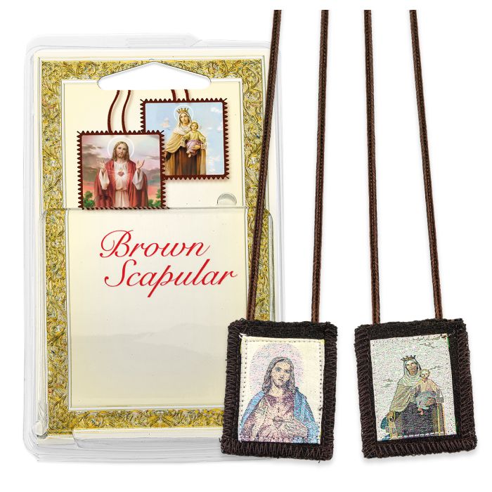 Sacred Heart and Our Lady of Mt. Carmel Genuine Brown Wool Scapular in Deluxe Packaging (1-3/4" x 2")
