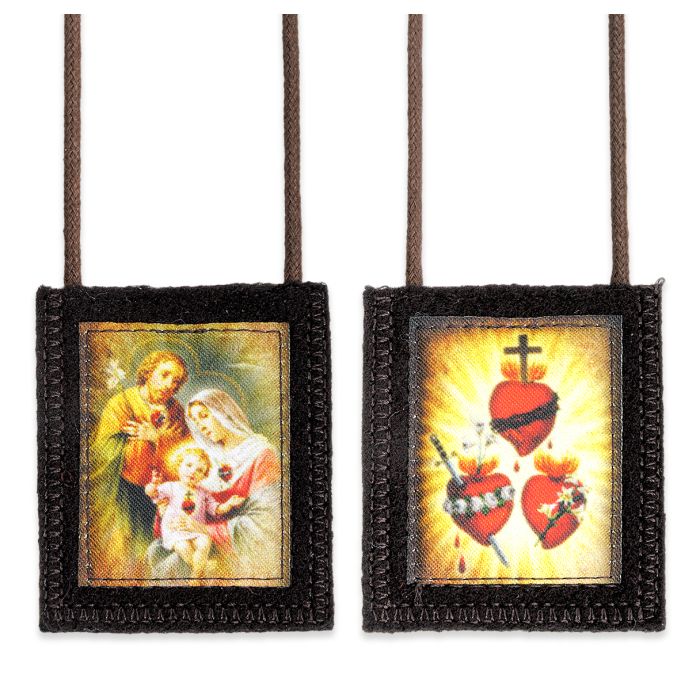 Holy Family & JMJ Three Hearts Genuine Brown Wool Scapular in Deluxe Packaging