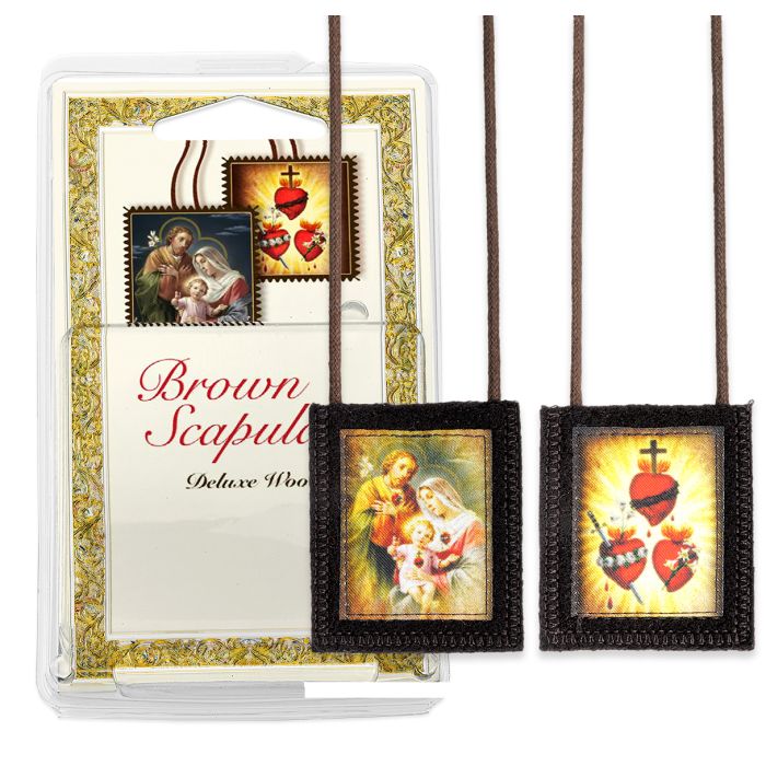 Holy Family & JMJ Three Hearts Genuine Brown Wool Scapular in Deluxe Packaging