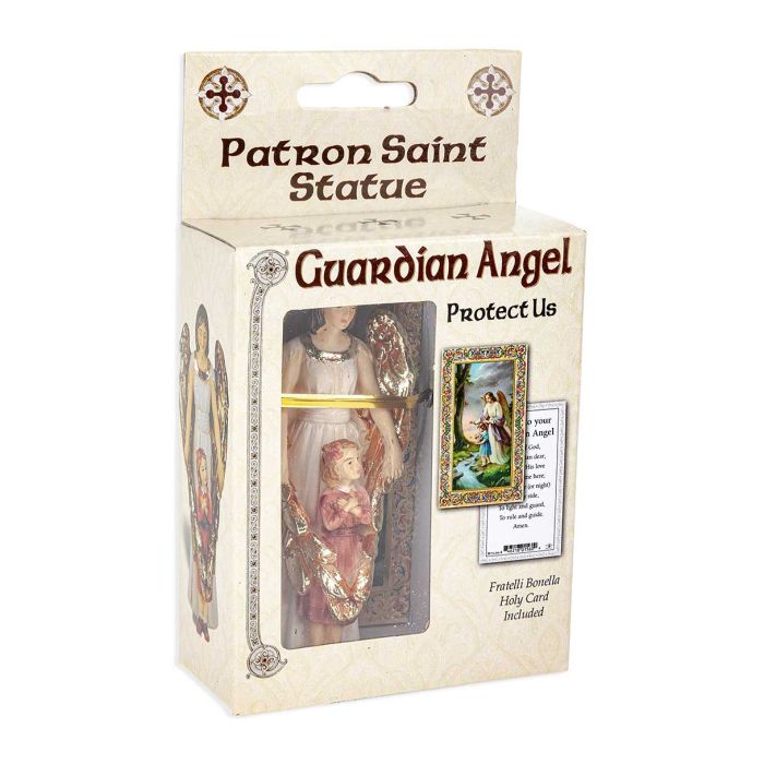4" Cold Cast Resin Hand Painted Statue of Guardian Angel with Girl in a Deluxe Window Box