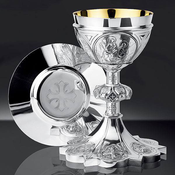 Calice en argent sterling "Vie du Christ" et patène à anneau de 16 cm