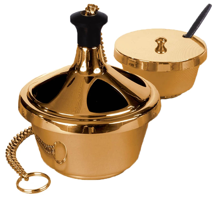 Thurible & Incense Boat, Bronze or Brass, Single Chain, Round Base