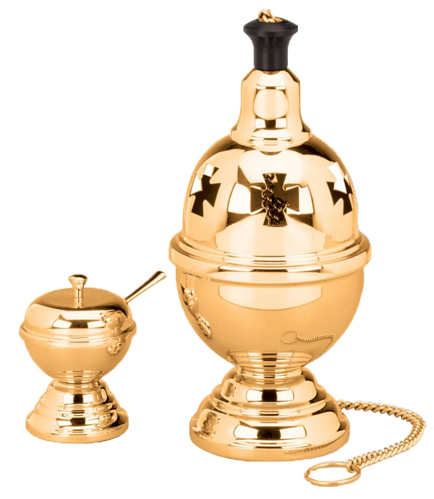Thurible & Incense Boat, Bronze or Brass, Single Chain, Round Base