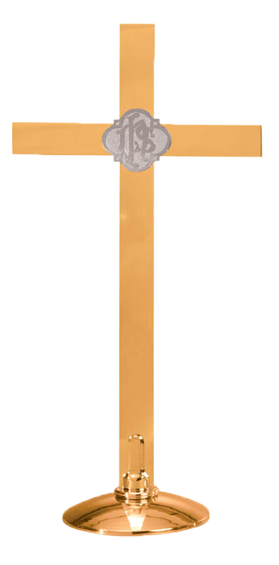 Altar Cross, 4 Sizes, Brass or Bronze, Round Base, IHS