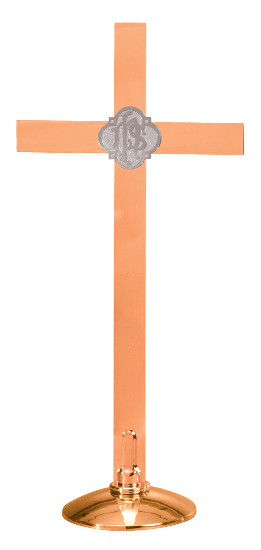 Altar Cross, 4 Sizes, Brass or Bronze, Round Base, IHS