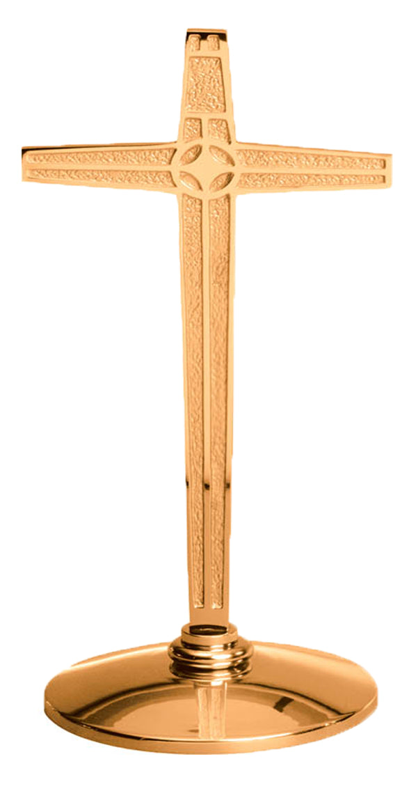 Altar Cross, 2 Sizes, Brass or Bronze, Round Base, Modern