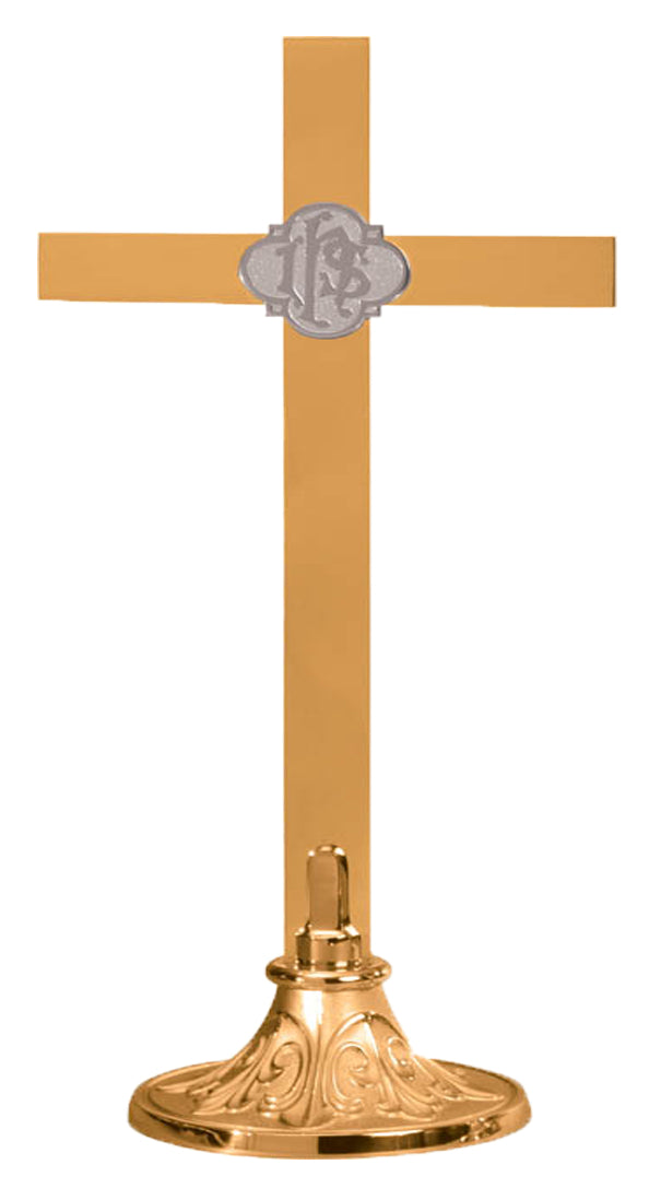 Altar Cross, 4 Sizes, Brass or Bronze, Round Base, IHS