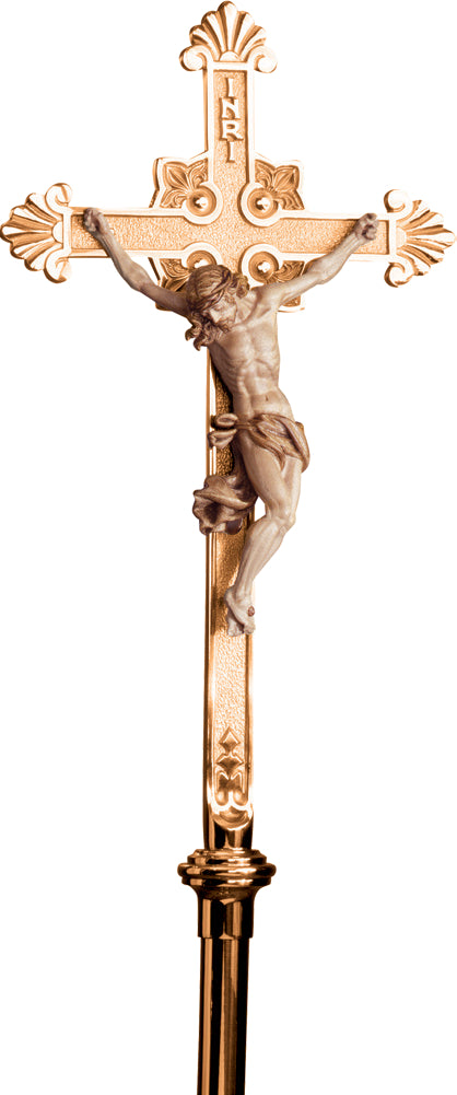 Processional Crucifix, 90", Bronze or Brass, Budded Ends, Includes Stand