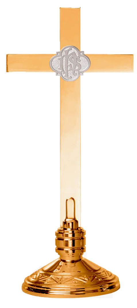 Altar Cross, 4 Sizes, Brass or Bronze, Round Base, IHS