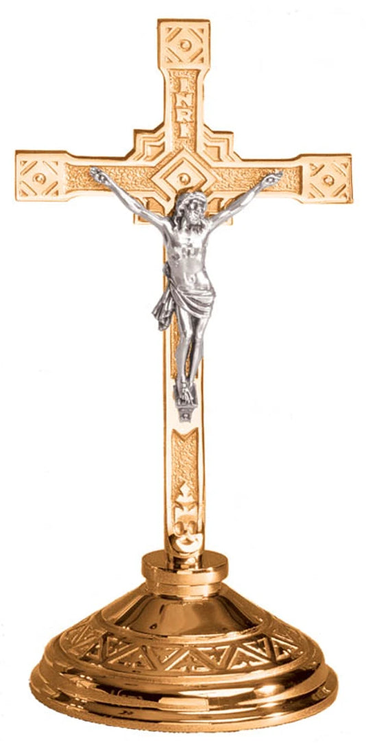 Altar Crucifix, 3 Sizes, Brass or Bronze, Round Base, Geometric