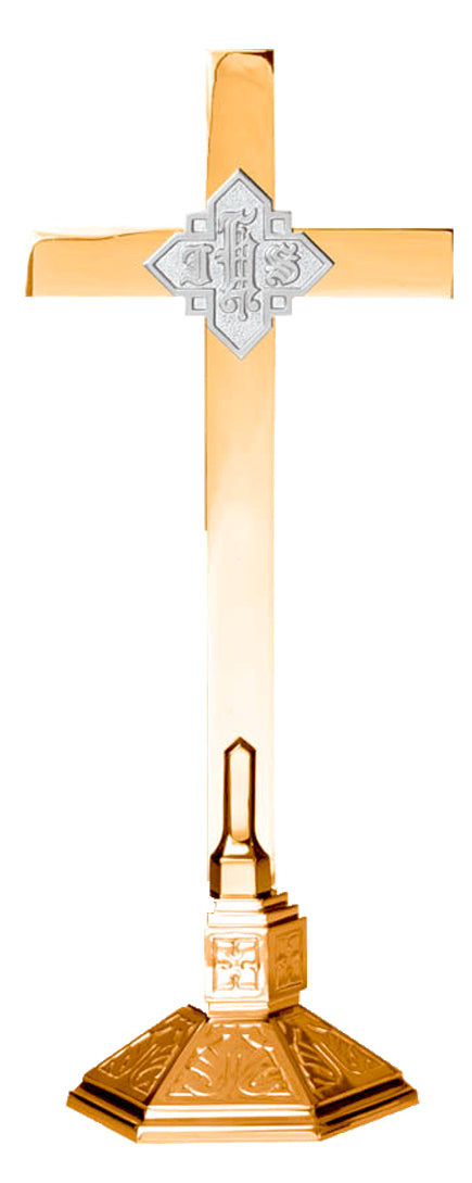 Altar Cross, 4 Sizes, Brass or Bronze, Hexagonal Base, IHS