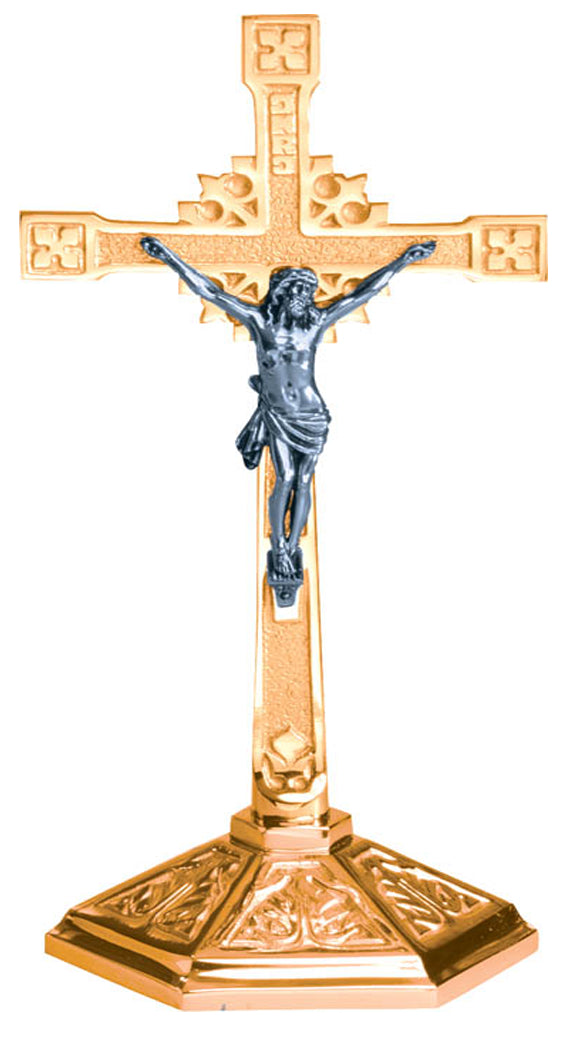 Altar Crucifix, 3 Sizes, Brass or Bronze, Hexagonal Base, Embellished Cross