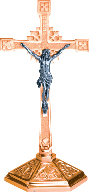 Altar Crucifix, 3 Sizes, Brass or Bronze, Hexagonal Base, Embellished Cross
