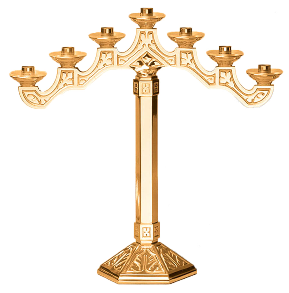 Altar Candelabra, 3, 5 or 7 Sconces, Bronze or Brass, Fixed Arm, Hexagonal Base