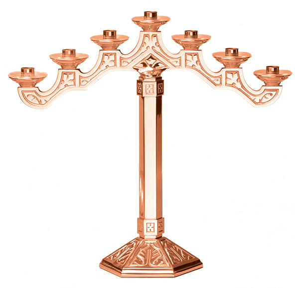 Altar Candelabra, 3, 5 or 7 Sconces, Bronze or Brass, Fixed Arm, Hexagonal Base