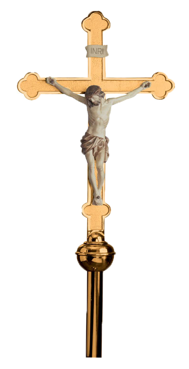 Processional Crucifix, 88", Bronze or Brass, Wood Corpus, Budded Cross
