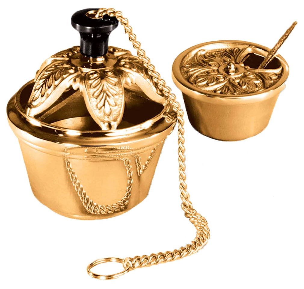 Thurible & Incense Boat, Bronze or Brass, Embellished Lid
