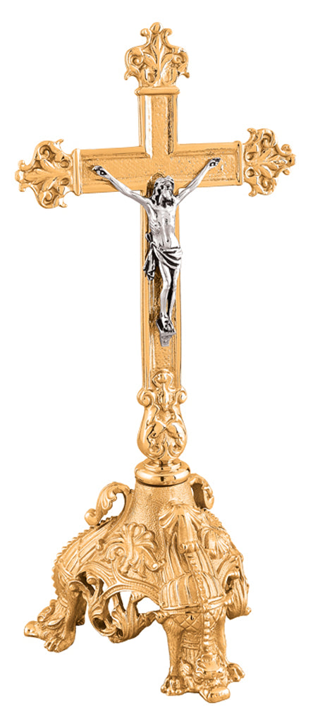 Altar Crucifix, 16", Brass or Bronze, Petal Base, Budded Cross