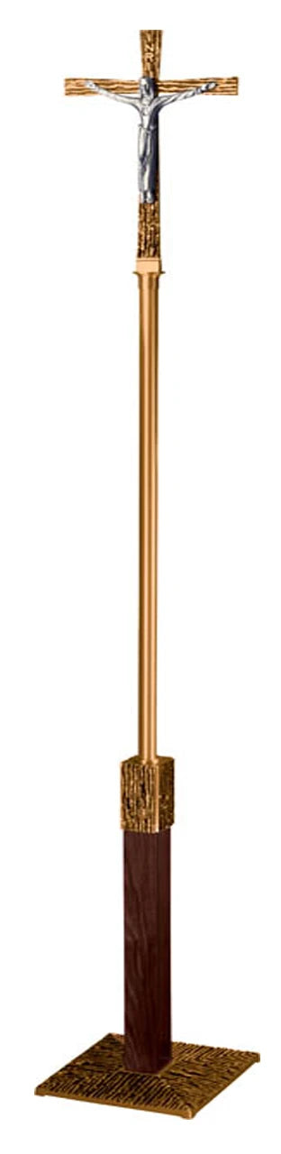 Processional Crucifix, 44", Bronze or Brass, Wood Column, Modern Base
