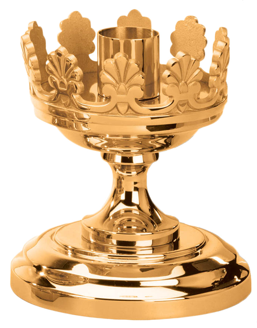 Altar Candlestick, 7", Brass or Bronze, Round Base With Fleur de Lis