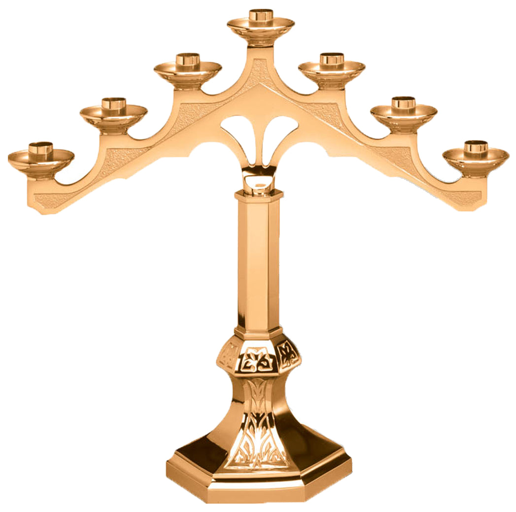 Altar Candelabra, 5 or 7 Sconces, Bronze or Brass, Fixed Arm, Hexagonal Base