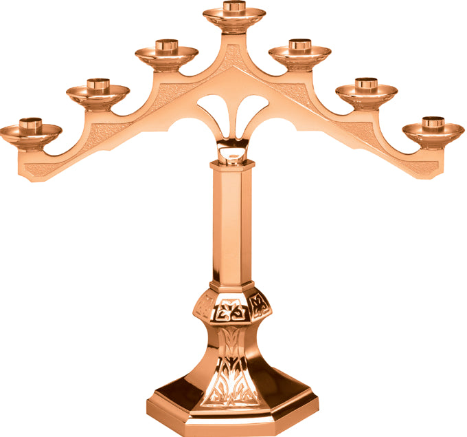 Altar Candelabra, 5 or 7 Sconces, Bronze or Brass, Fixed Arm, Hexagonal Base