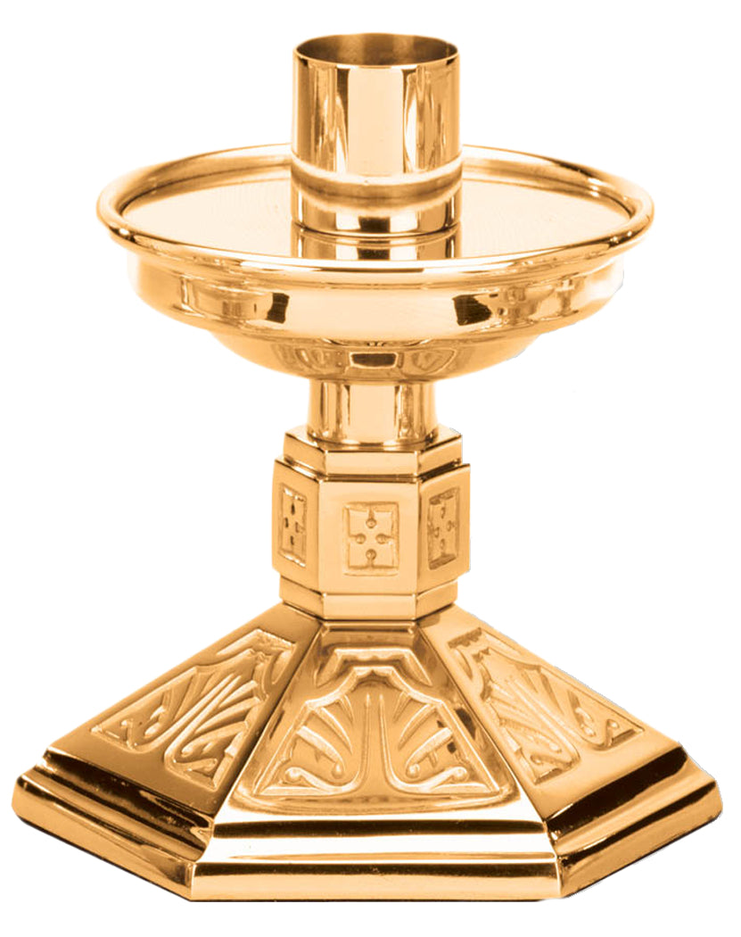 Altar Candlestick, 5", Brass or Bronze, Hexagonal Base & Column