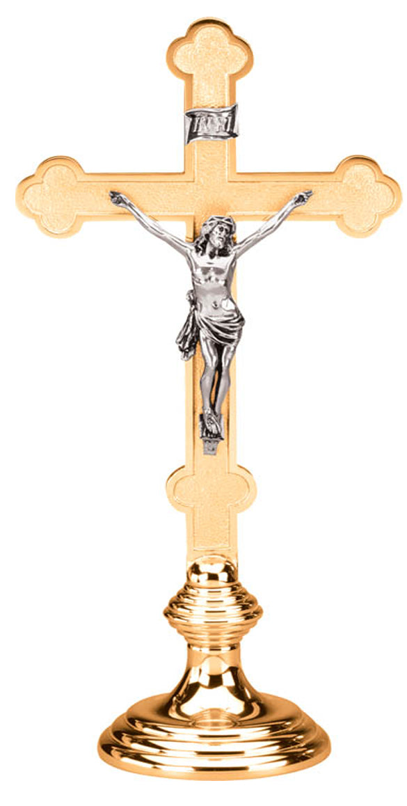 Altar Crucifix, 3 Sizes, Brass or Bronze, Round Base, Budded Cross