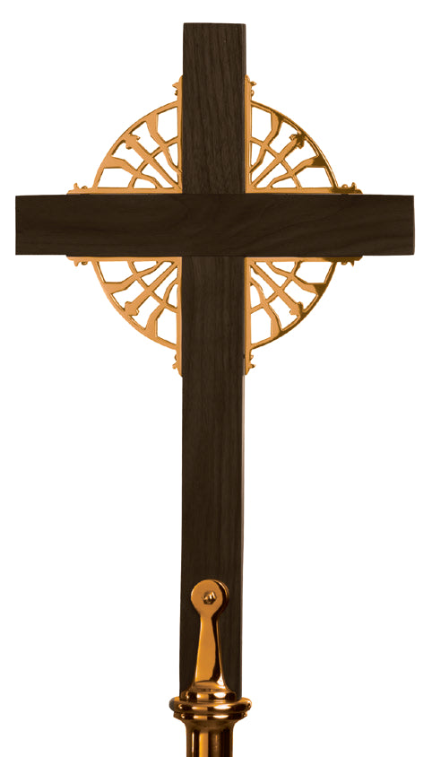 Processional Cross, 20", Bronze or Brass, Oak, 54" Staff