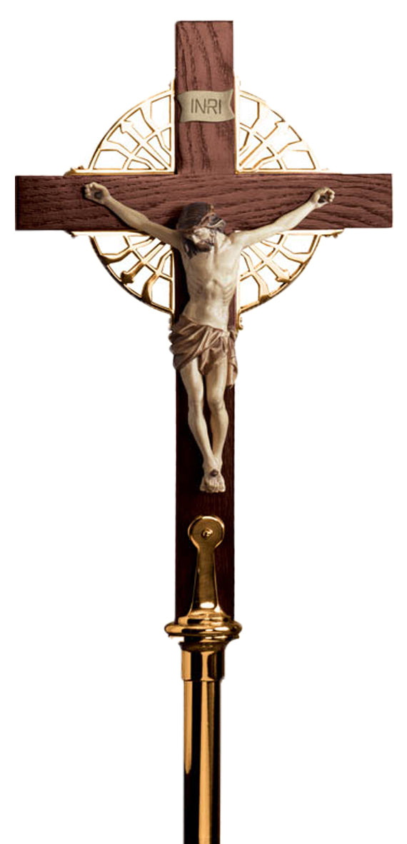 Processional Crucifix, 89", Wood, Bronze or Brass, Sunburst Accent