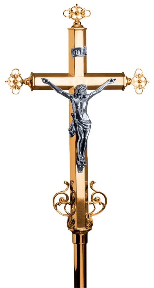 Processional Crucifix, 91", Bronze or Brass, Embellished Cross