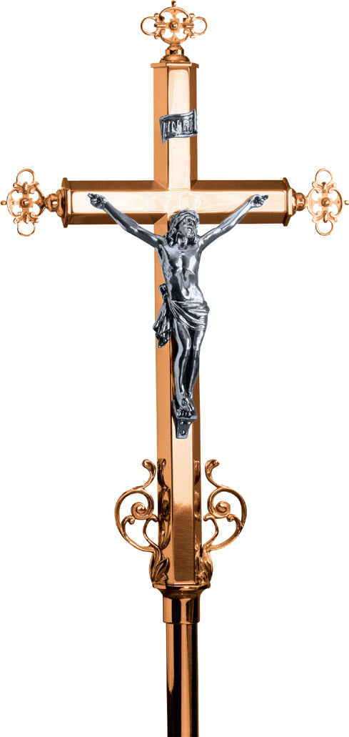 Processional Crucifix, 91", Bronze or Brass, Embellished Cross