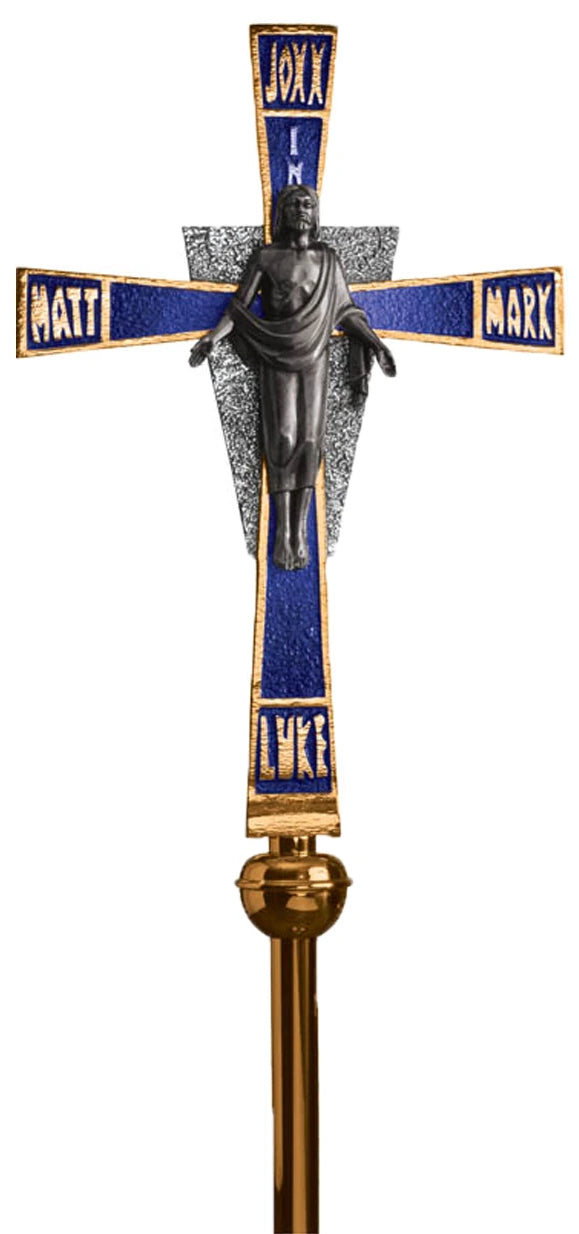 Processional Crucifix, 90", Bronze or Brass, Risen Lord, Embellished Cross