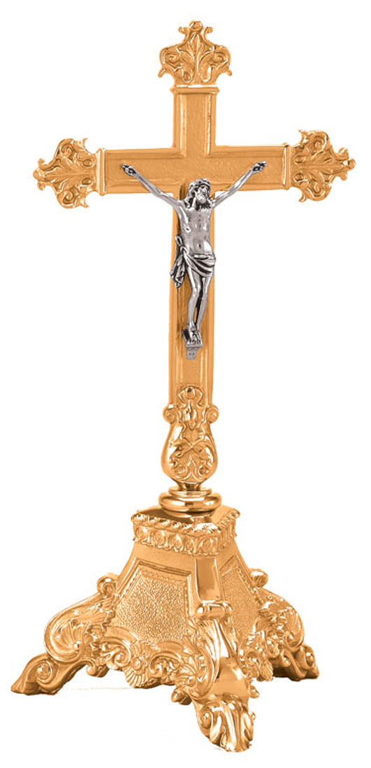 Altar Crucifix, 16", Brass or Bronze, Footed Base, Ornate Cross