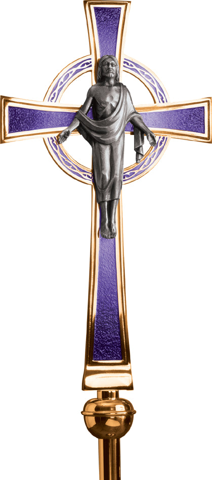 Processional Cross, 90", Bronze or Brass, Risen Lord, Purple Accent