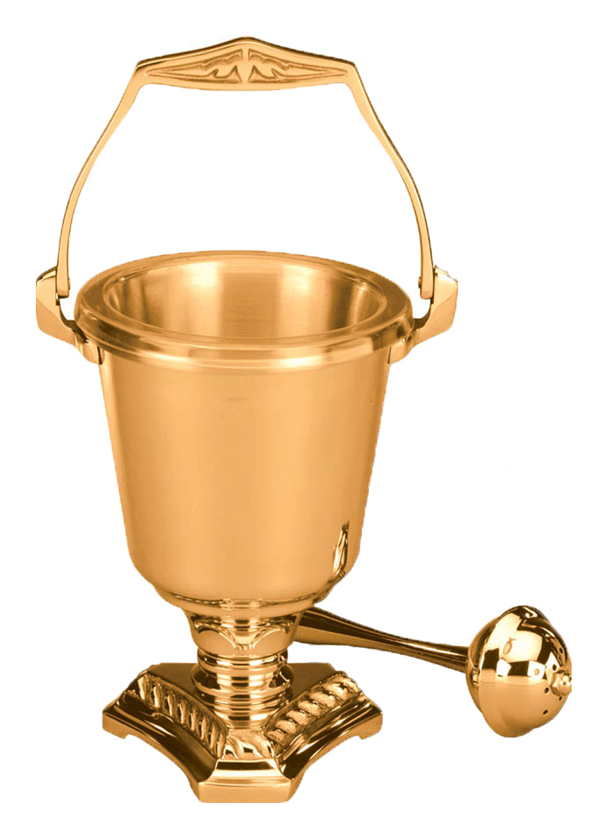 Aspersorium Set, 7-3/4", Bronze or Brass, Includes Aspergillum, Triangular Base