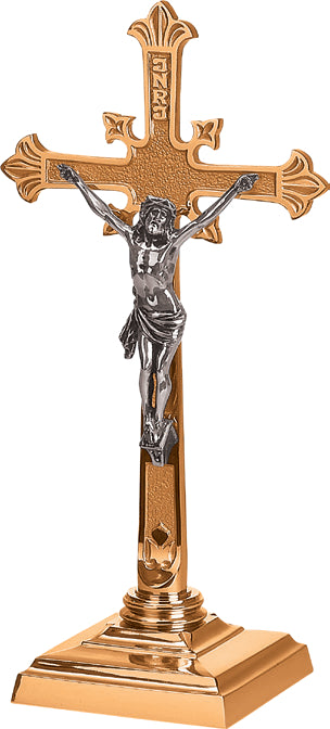 Altar Crucifix, 3 Sizes, Brass or Bronze, Square Base, Budded Cross