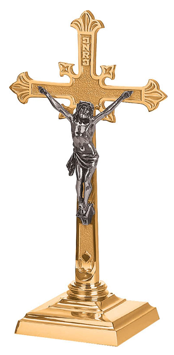 Altar Crucifix, 3 Sizes, Brass or Bronze, Square Base, Budded Cross