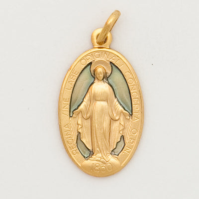 10k Large Oval Miraculous Medal With Blue Enamel