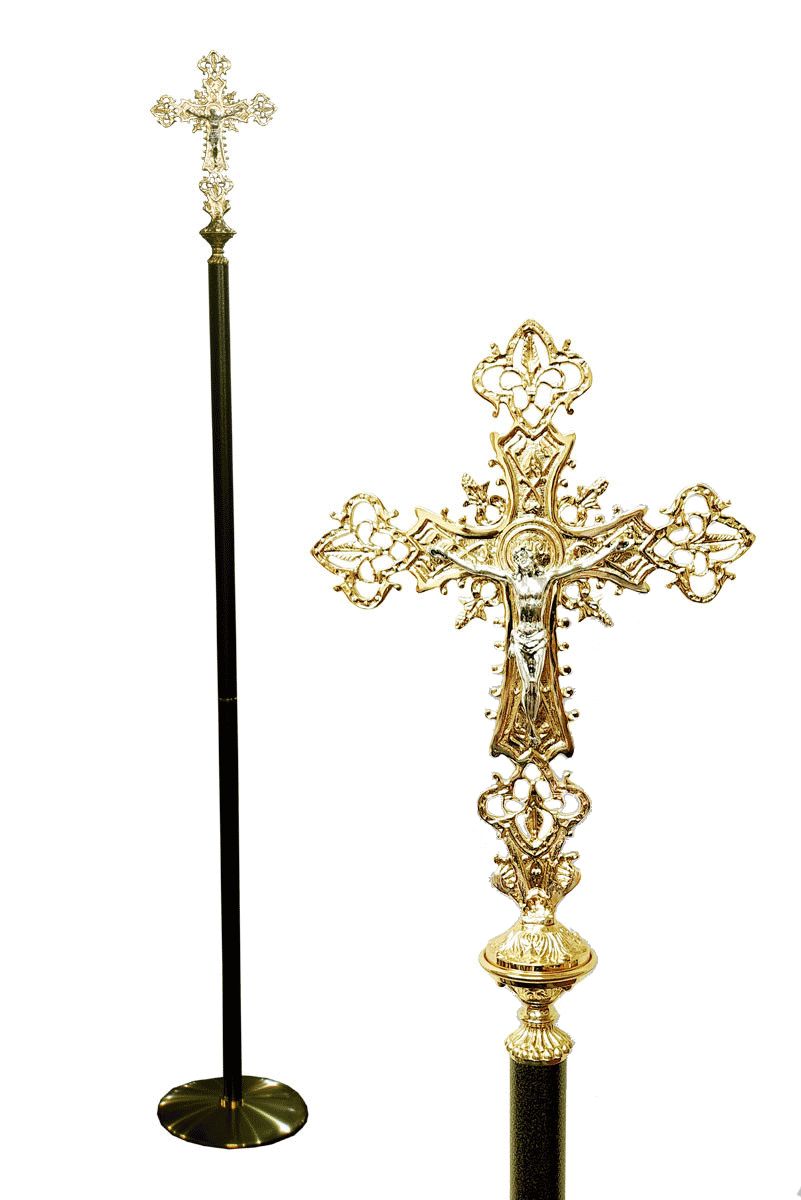Processional Crucifix with Base | Fleur-de-Lis | Brass